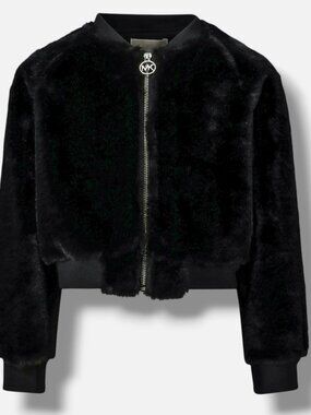 Michael Kors Kid's Girl's Black Logo Faux Fur Jacket Size 4